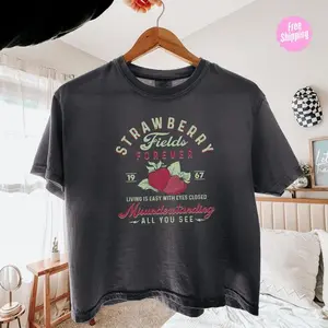 Strawberry Fields Aesthetic Graphic Crop Tee Retro Vintage Boxy Summer Shirt