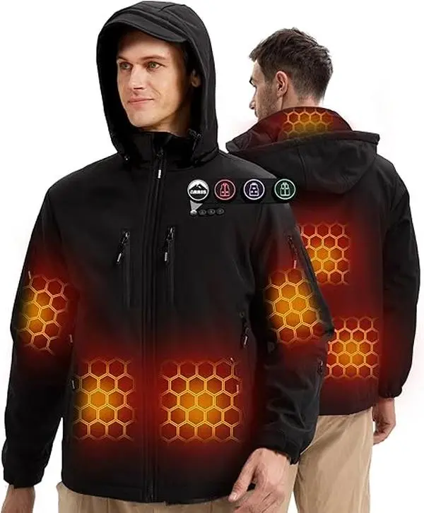 ARRIS Men’s Waterproof Heated Jacket with Battery – 8 Heat Zones & Detachable Hood for Winter Outdoors Coats Casual Windproof Outerwear Long Sleeve