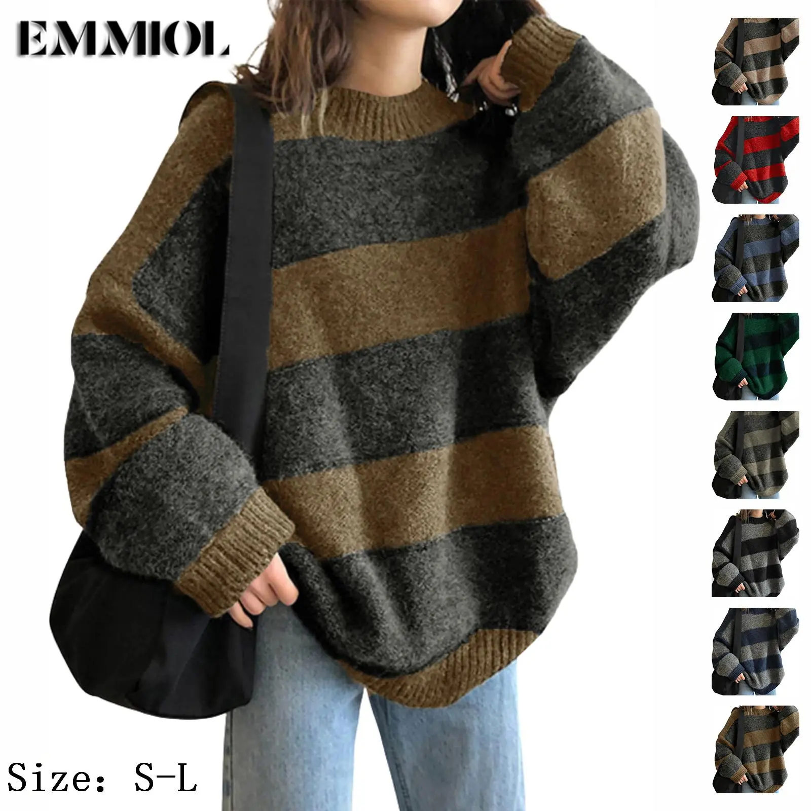 EMMIOL Women's Oversized Striped Sweaters 2026 Autumn And Winter Trendy Long Sleeve Knit Outfits Crewneck Fashion Pullover Tops SohoChic