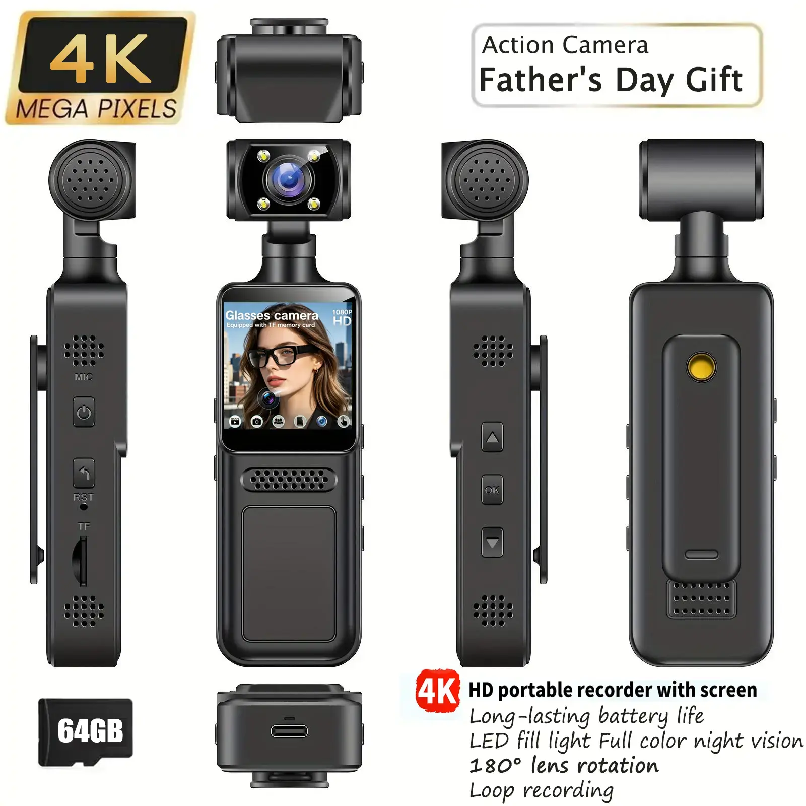 Portable 4K UHD FPV Vlog Camera with Adjustable 180° Rotating Full-Body Lens, 64GB Memory Card, USB Charging – Ideal for Vlogging, Travel, Birthday/Christmas Gift (Electronics Video Camcorder) Wireless Clip