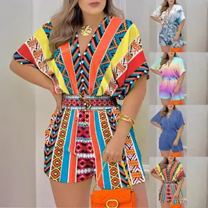 Women's Plain Drawstring Shirred Waist V Neck Romper, Airport Outfits, Comfort Casual Half Sleeve Zipper Back High Waist Romper for Summer, Fashion Women's Clothing for Daily Wear