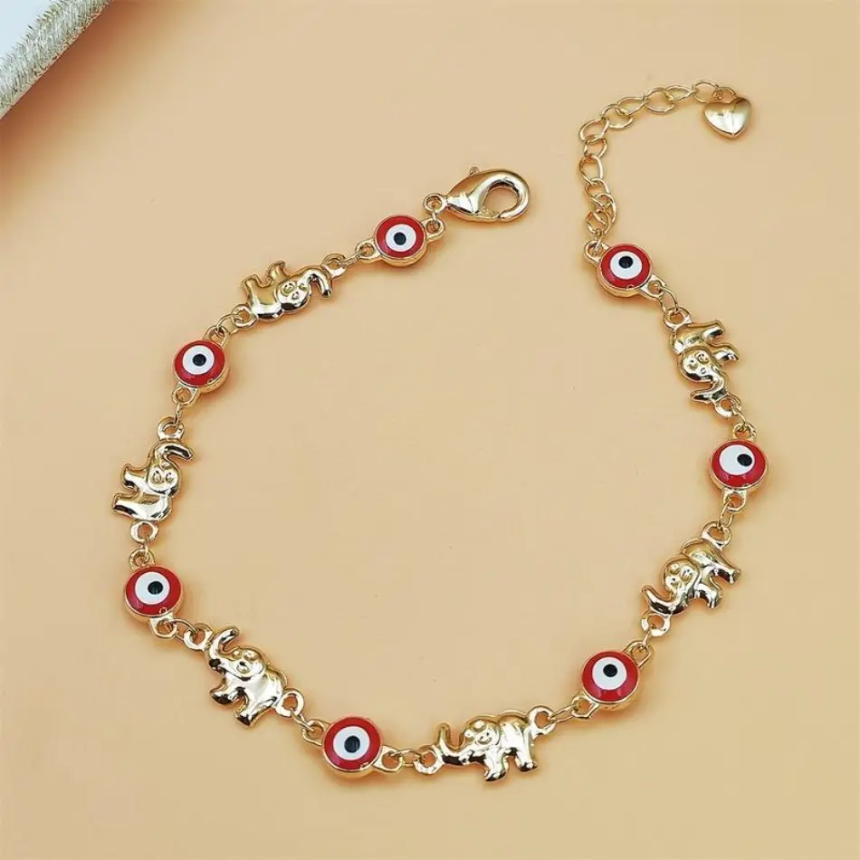 2026 Upgrade Bohemian Style Elephant Motif Charm Bracelet for Her - Golden-Tone, Red-Eye Charms, Adjustable Clasp, Ideal Gift for Birthday, TikTokShop Black Friday Thanksgiving Deal, Red Eyes Charms