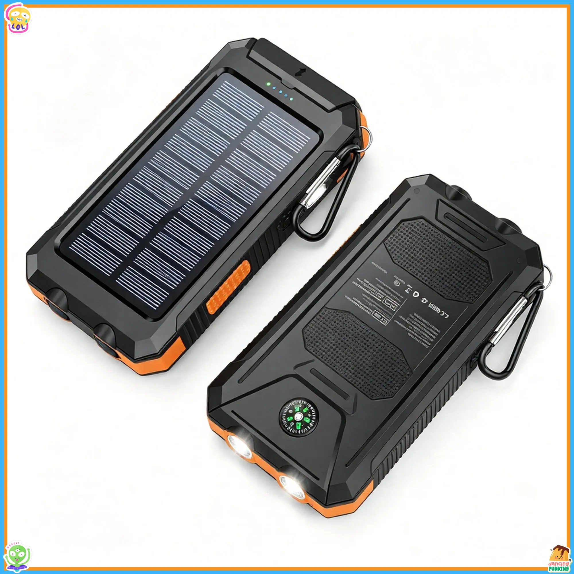 With Dual USB LED Flash light 10000mAh Solar Power Bank, Fast Charging Portable Charger & Compass, IP65 Waterproof Outdoor Backup Charger