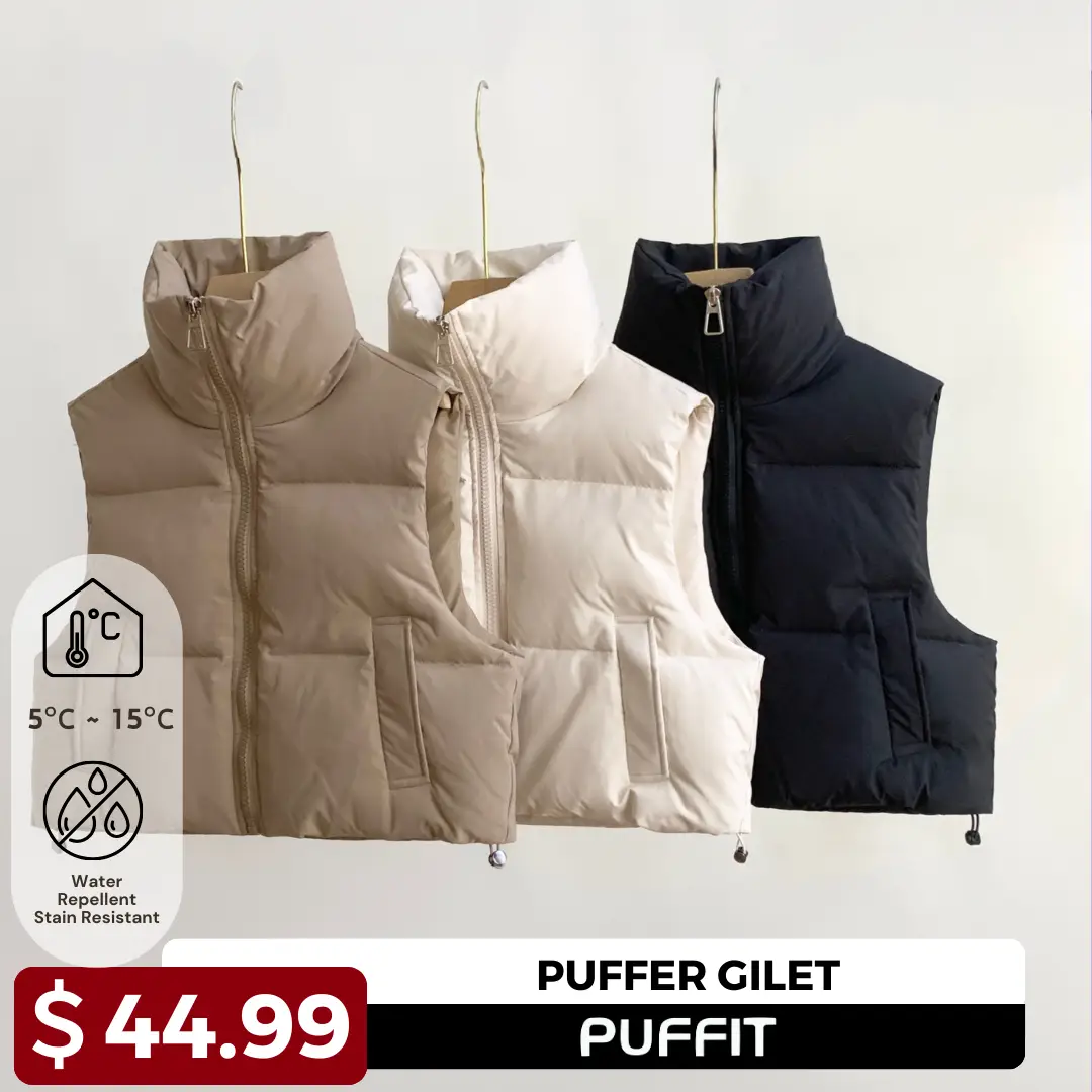 PUFFIT Cropped Puffer Vest Womenswear Tops, Full Zip Solid Color Vests for Women, Soft Stand Collar Sleeveless Pocket Design Outerwear Lightweight #Fa