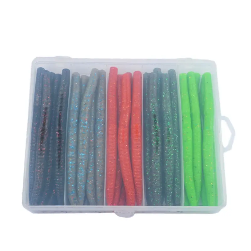 Realistic Fishing Soft Plastic Lures, Senko Worm Tackle Set (50Pcs) with Storage Box, 13.5cm 9g Ribbed Glitter High-Density Salt-Infused Sinking Stick Baits for Freshwater Saltwater Largemouth Bass Trout, Drop Shot Rig, Texas Rig, Bass Anglers, Boosts Str
