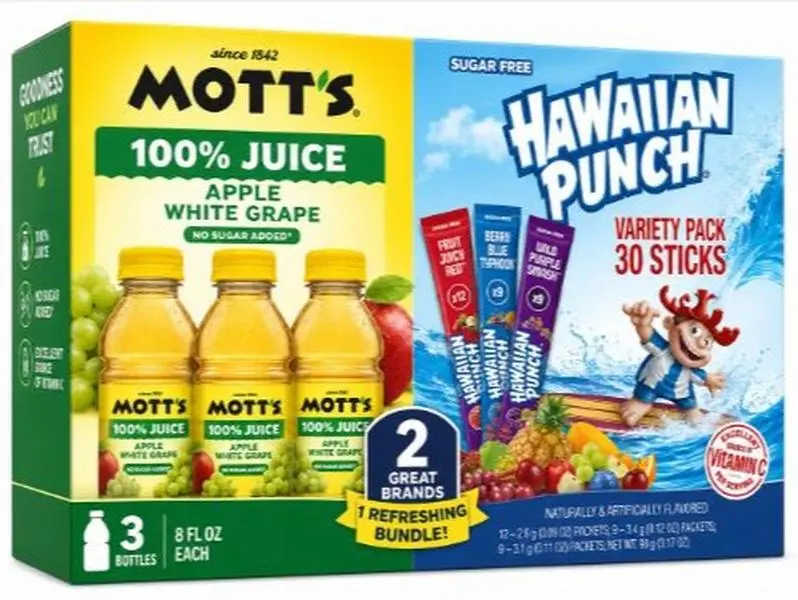 Mott's 100% Juice Apple White Grape Juice, 8 fl oz, 3 Count Bottles & Hawaiian Punch Powder Drink Mix Variety Pack, Red, Blue & Purple, Sugar-Free, 30 Count Bundle