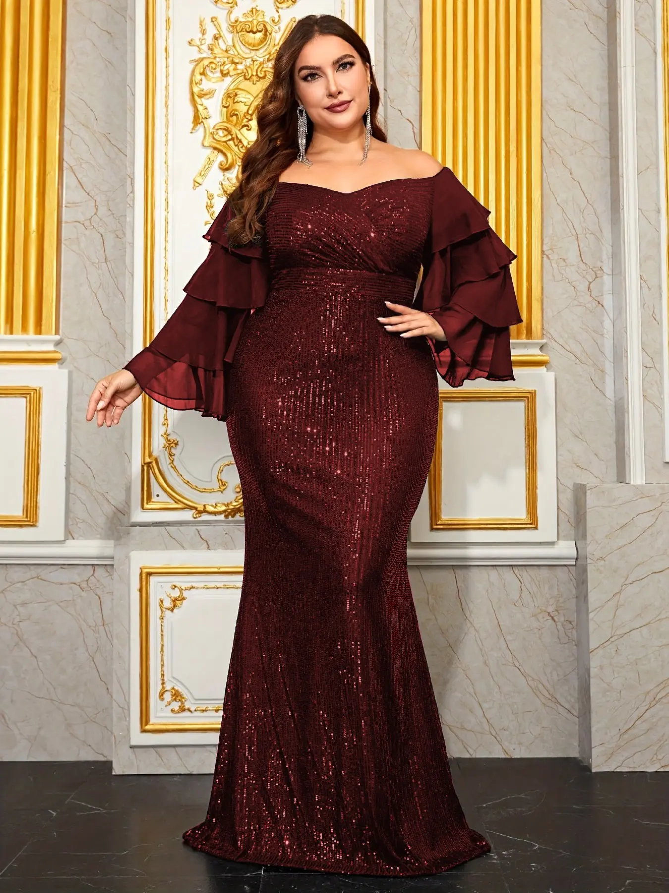 Elegant Plus Size Chiffon Sequin Dress, One Shoulder Cake Sleeve, Long Sleeve, Fitted Formal Evening Gown for Special Occasions, Fashionable Big Size, Elegance