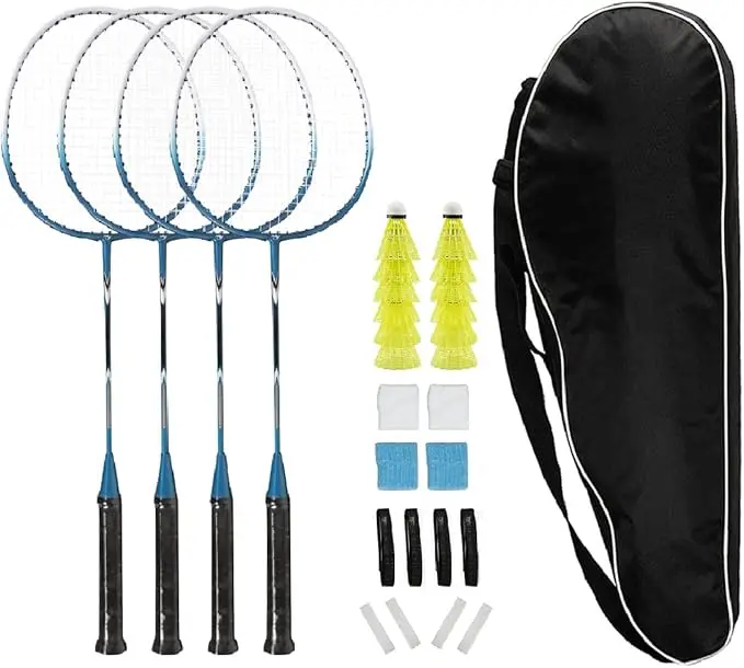 Badminton Rackets Set of 4 for Backyard Sports Adults Family Racquets Game with 12 Shuttlecocks,4 Replacement Grips,4 Wristbands and Carrying Bag