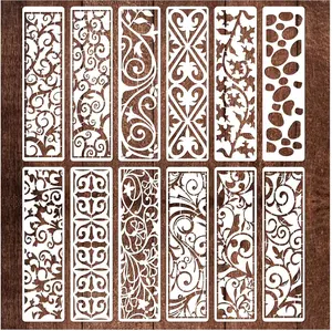 12 Pieces Border Stencils for Painting,Leaf Stencil Template Reusable Furniture Cake Decorative Stencils for Wood DIY Craft Canvas Fabric (12 Border Floral)
