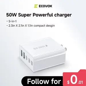 ECOVOX 50W USB-C 5-in-1 Compact Portable Wall Charger Adapter, Fast Charging Block for Laptops, Tablets, iPhone 17/16/15 Pro, Smartphones, Smartphone