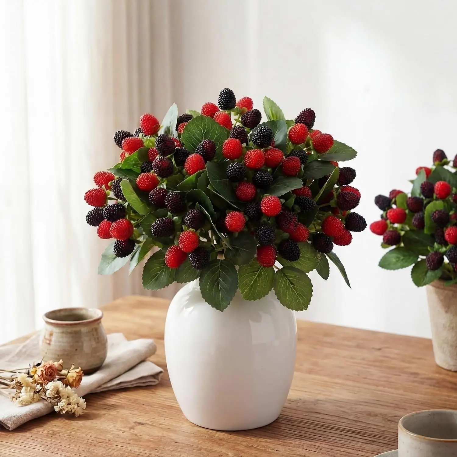 Hoteam 10 Pcs Plastic Silk Artificial Raspberry Stems, 11in Decorative Farmhouse Fake Red-Black Berry Branches Picks for Home Decor, Gift (Red with Black), Props