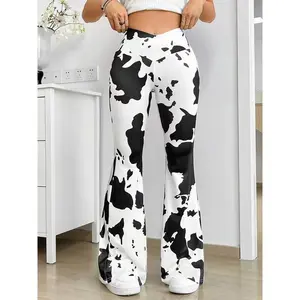 Women's Cow Print Skinny Flare Leg Pants - Elegant Everyday Wear - Stretchy & Comfortable Fabric - Ideal for Casual & Trendy Outfits - Perfect Gift for Fashionable Women - Black & White Animal Print Bottoms Can be used with raincoat
