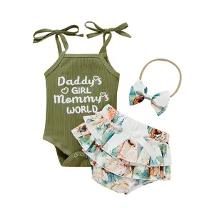 Infant Baby Girls 3Pcs Summer Outfits Set Daddy's Girl Mommy's Wold Sleeveless Strap Rib Knit Romper Tops Bloomer Shorts Headband Clothes Set