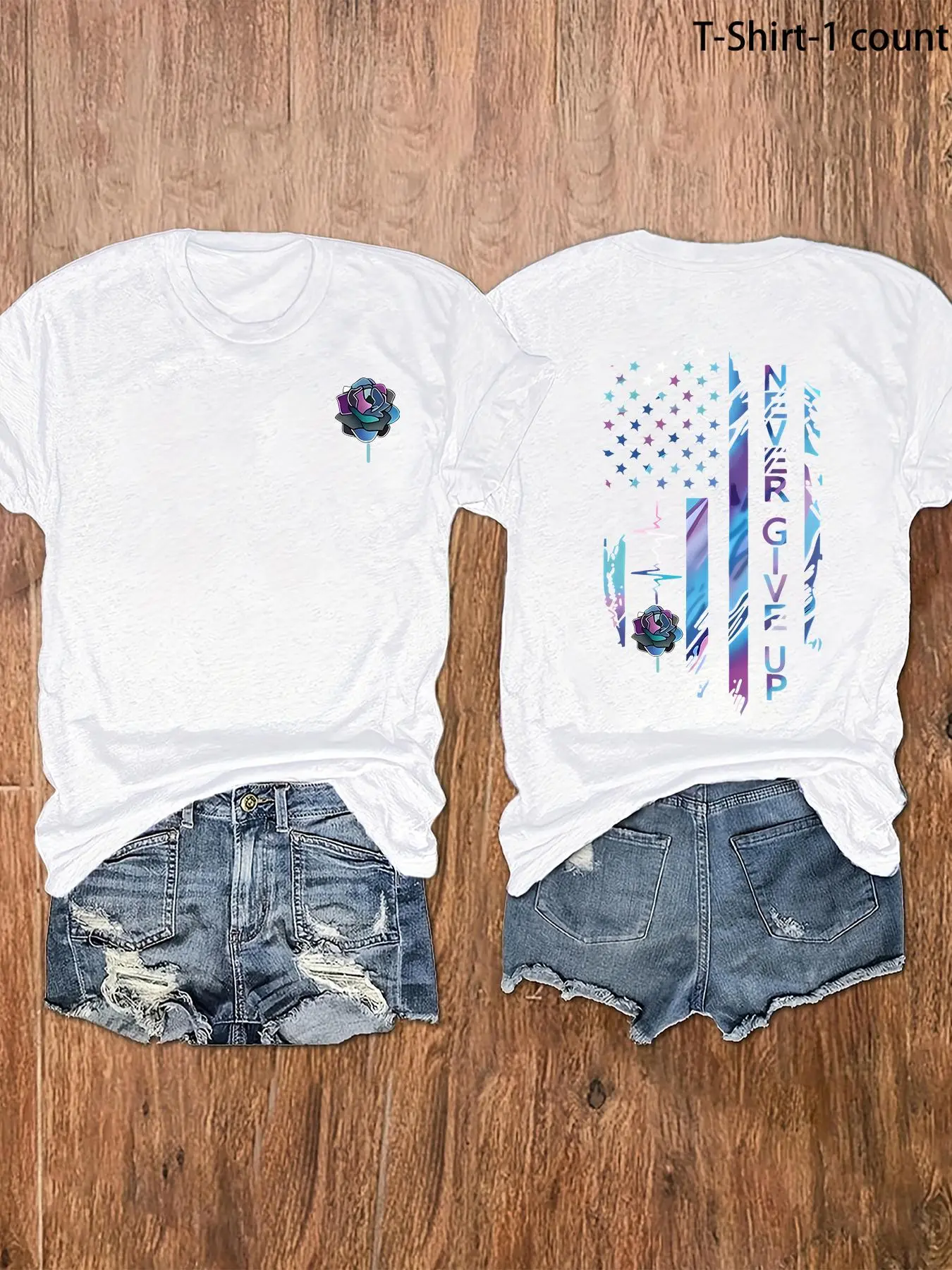 Women's Floral & American Flag Print Round Neck Tee, Vintage Trendy Casual Everyday Fit Short Sleeve T-shirt Medium Fabric for Daily Wear, Ladies Summer Clothes, Womenswear, Piece