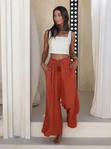 Catalina Wide Leg Linen Pants, Boho Summer Beach Pants with Pockets, 100% Premium Linen, Double-Lined, Elastic Ruffled Waistband, Adjustable Tie, Breathable, Flowy, Comfortable, Travel Pants, Off-White, Rusty Red, Cocopiña Ethical Fashion