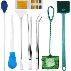 Aquarium Cleaning Tools Kit 8 in 1 Stainless Steel Tweezers Sand Spatula Coral Feeder Rubber Dropper Brush PH Tester Paper Fishing Net for Fish Tank Maintenance