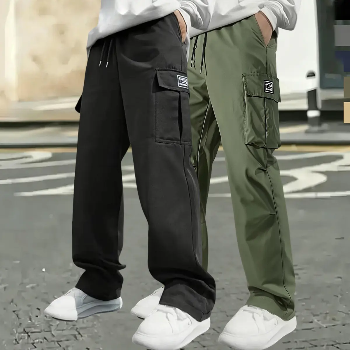 Men's Baggy Plain Cargo Pants - Breathable Straight Leg Streetwear with Multiple Pockets, Drawstring Waist, Size S