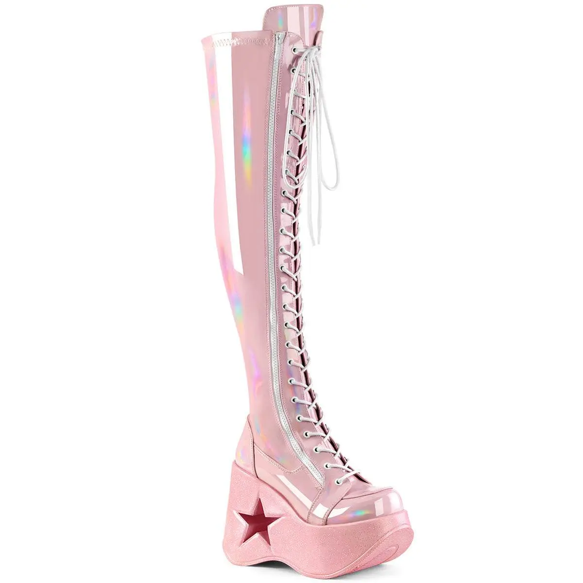 Demonia Women's Dynamite-300 Baby Pink Stretch Holo Knee-high Platform Boots Demonia Women's Dynamite-300 Baby Pink Stretch Holo Knee-high Platform Boots