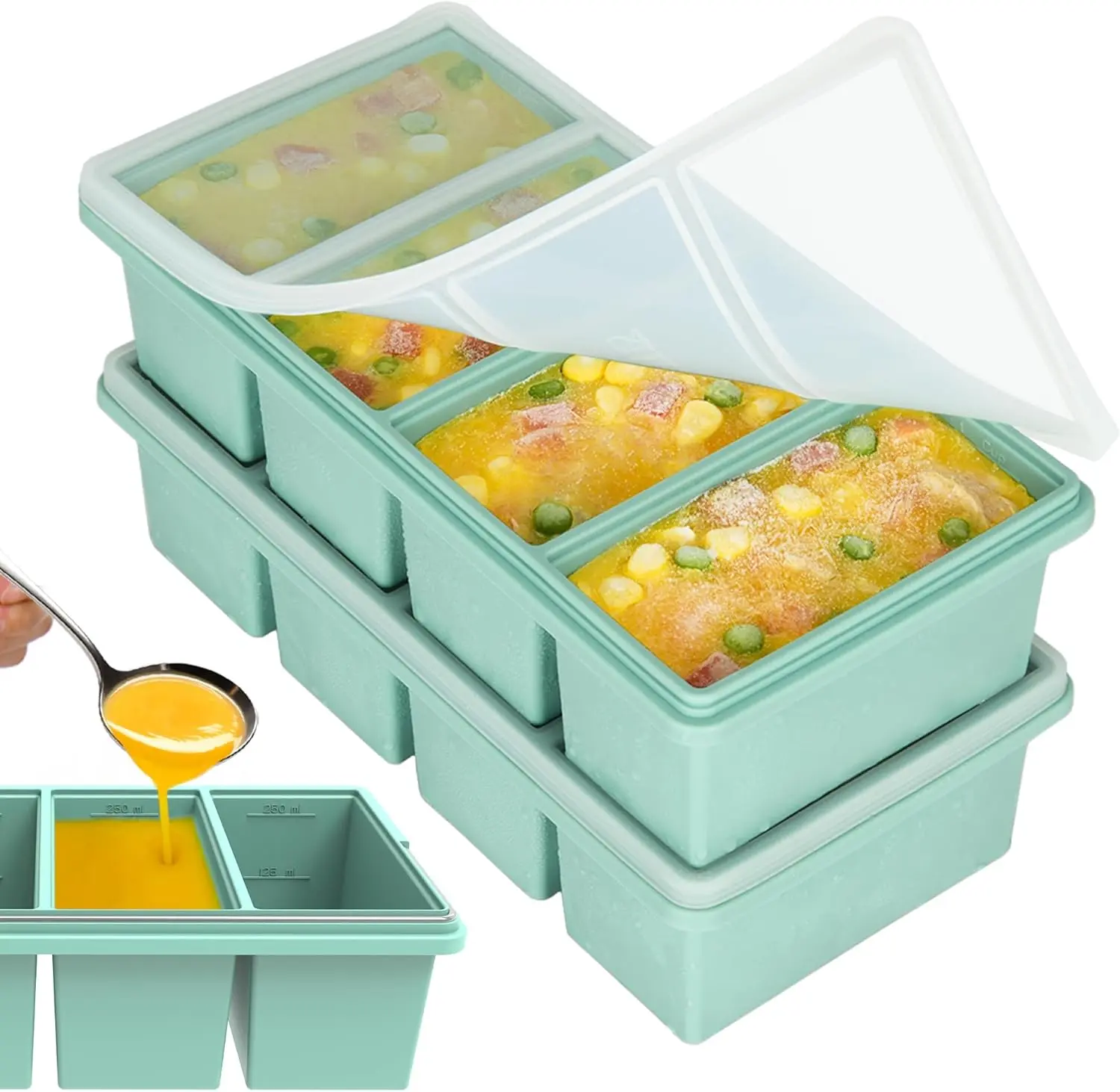2-Pack Airtight Silicone Freezer Trays with Lids - 1 Cup Airtight Food Storage, Food-Safe Silicone, Resealable, Single Serve, Leak-Proof, Stackable, Durable, Dishwasher/Oven-Safe, BPA-Free, Stainless Steel-Infused for Meal Prep, Frozen Broth