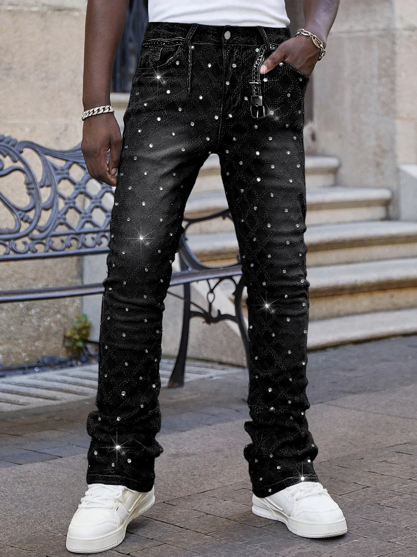 Sparkle Denim Jeans, Hi Rise Jeans, High-Waisted Straight Fit, Casual Street Style, Perfect for All Seasons, Comfortable Button Fly Closure