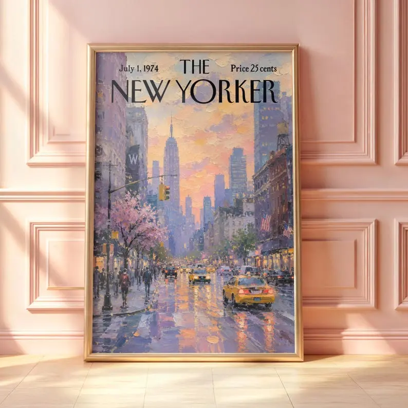 Vintage New Yorker Poster, Retro Empire State Rainy Street Print, New York Yellow Taxi Wall Art, Mid-Century Magazine Cover
