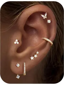 Hypoallergenic Earring Jacket Stacks - 7 Pairs 14K Gold Plated Flat Back Earrings Dainty Huggie Hoop Cartilage Helix Earring Jacket, Fashion Accessories Western Jewelry Gifts