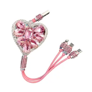3-in-1 Bling Car Charger Cable with Pink Heart Design Fast Charging USB Cord Compatible with All iPhone Models Lightning Android Type-C Micro USB Cute Car Accessories for Girls and Women
