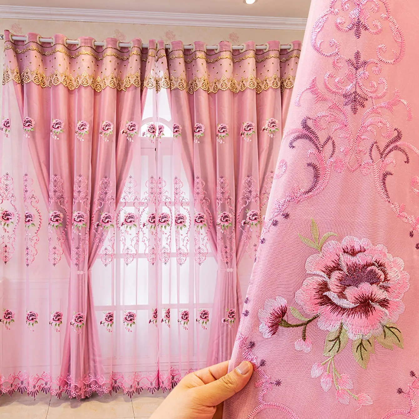 European Style Elegant Curtains, Double Layer Cloth and Lace, High-End Luxurious Embroidered Drapes for Living Room and Bedroom, Home Ambiance, Home Decorative Curtain, Window Curtains, Home Decoration Curtain