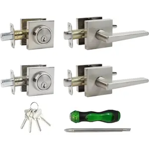 Front Door Handle and Deadbolt Set, Square Heavy Duty Exterior Door Knob with Deadbolt, Brushed Nickel, 2pack