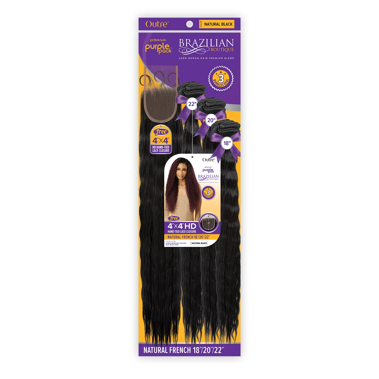 Outre Human Hair Blend Hair Weave Extensions, Premium Purple Pack, Brazilian Boutique Natural French, 18" 20" 22" with 4X4 HD Lace Closure