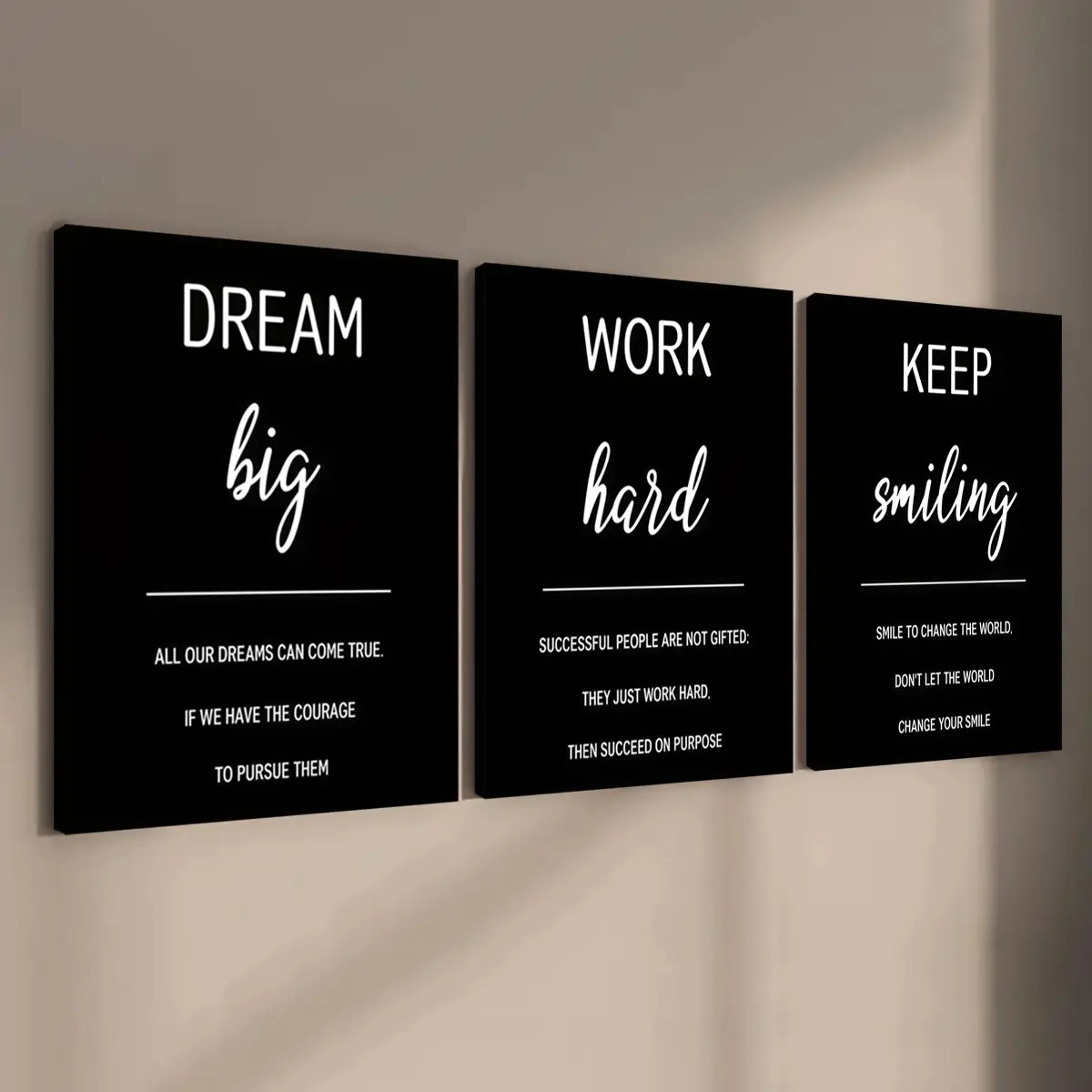 3-count wooden frame canvas, black and white Minimalist Design inspirational short sentence three-piece decorative poster, high-end atmosphere office poster, perfect living room and bedroom decoration, fashionable family poster, modern Artistic wall art