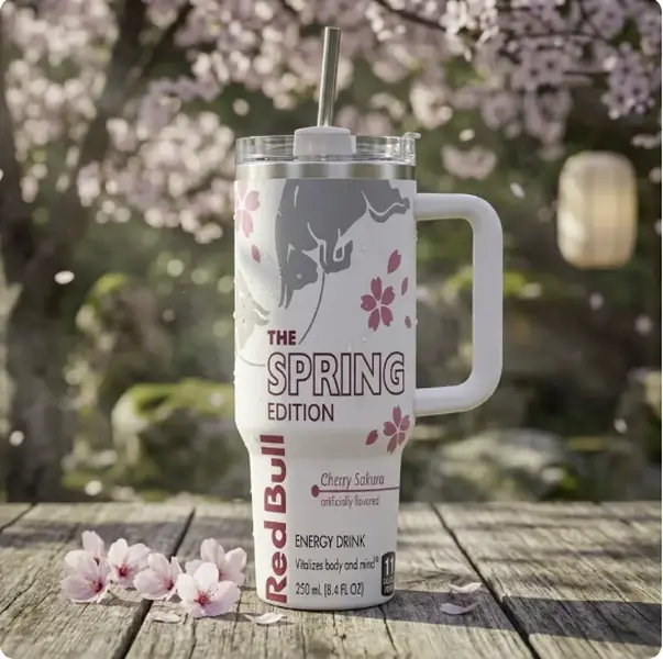 Bull Pink & White Edition 40oz Stainless Steel Tumbler With Handle and Straw, Double Wall Vacuum Insulated Travel Mug
