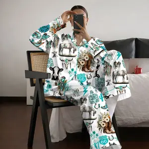Western Cowgirl Pajama Set, Cowgirl Aesthetic Pajama Satin Set Turquoise Horses, Boots & Cactus Satin Pajamas