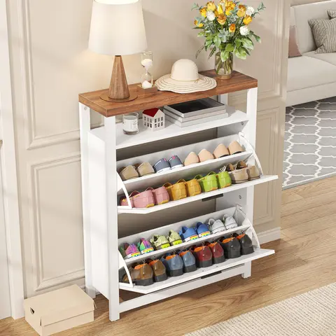 MDF Wood Heavy-Duty 4-Tier Narrow Shoe Rack Organizer - Free-Standing Farmhouse Barn-Style Unit, Fold-Down Racks, Open Storage Shelf, Barn Door, 2 Flip Drawers, Adjustable Removable Tray, Anti-Tip Base, Foyer Storage (25kg+ Capacity)