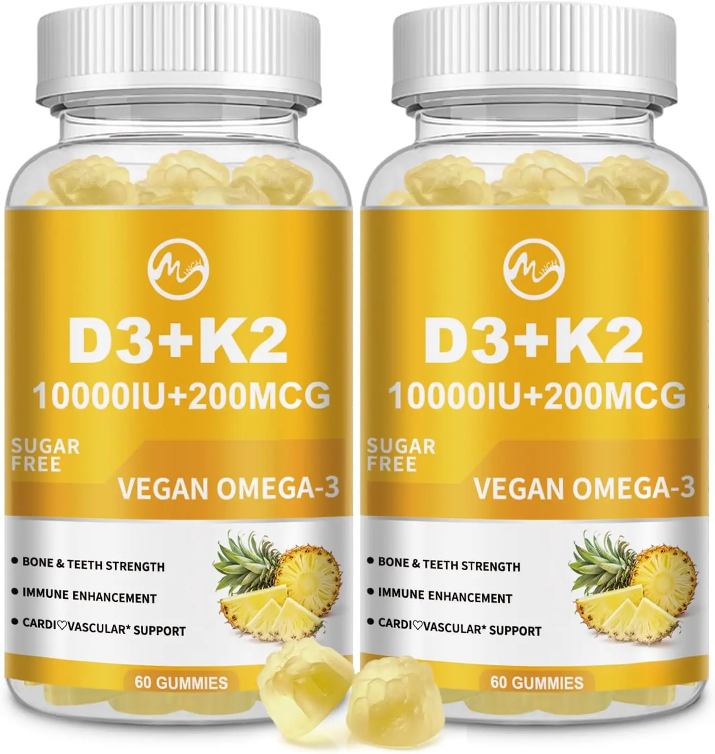 Minch (2 Pack) Vitamin D3 K2 Gummies, 10000IU D3 + 200mcg K2 (MK-7), 6-in-1 Nutritional Blend with Omega-3, Sugar Free Chewables for Men & Women