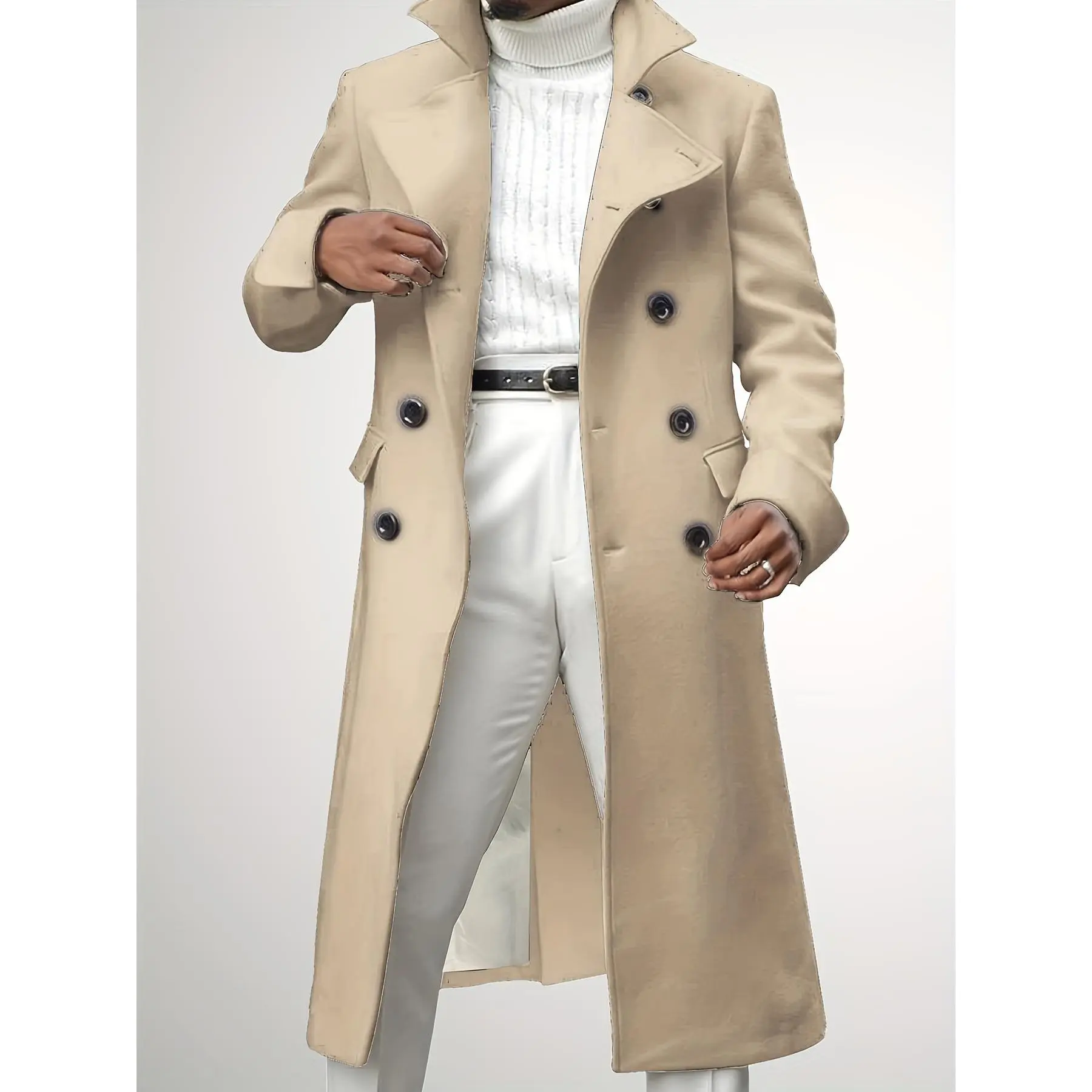 [Long Classic Double Breasted Coat] Men's Notch Lapel Long Trench Coat Casual Insulated Winter Peacoat Classic Double Breasted Overcoat Solid Winter Coat