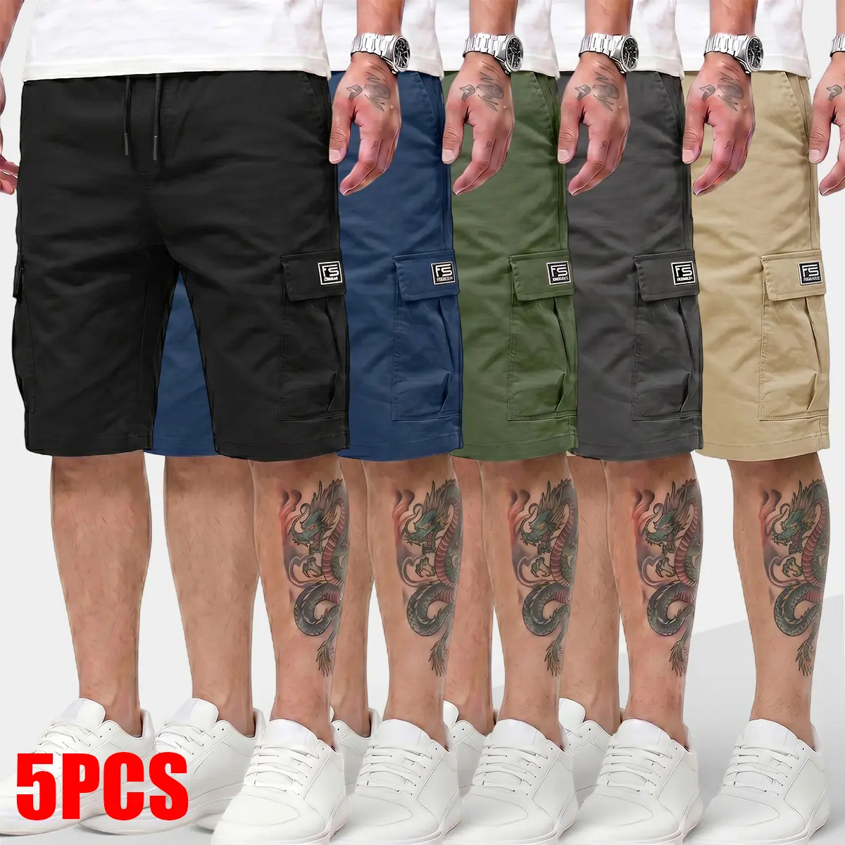 Men's 5" Breathable Polyester Cargo Shorts - Casual Loose-Fit with Elastic Waistband, Deep Flap Pockets, Non-Iron for Travel, Everyday Wear (Black, Gray, Blue, Army Green, Khaki)