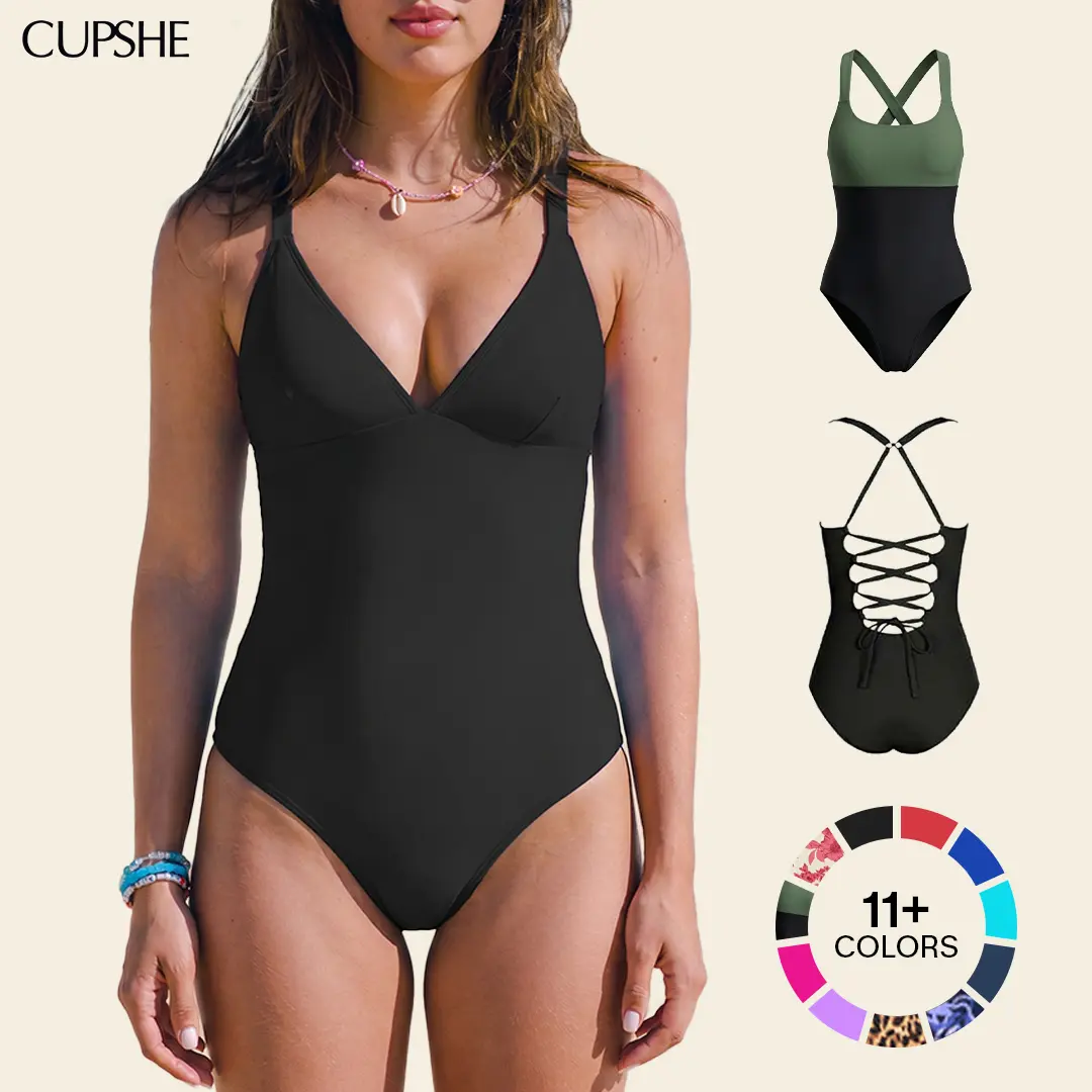 【Restocked】CUPSHE One-Piece Swimsuit: Plunging V Neck Sculpting Tummy Control Bathing Suit Swimswimsuits Swimwear with Adjustable Lace-Up Back (Size XS-3XL) Swimoutfit Bathing suit #DealsForYouDays