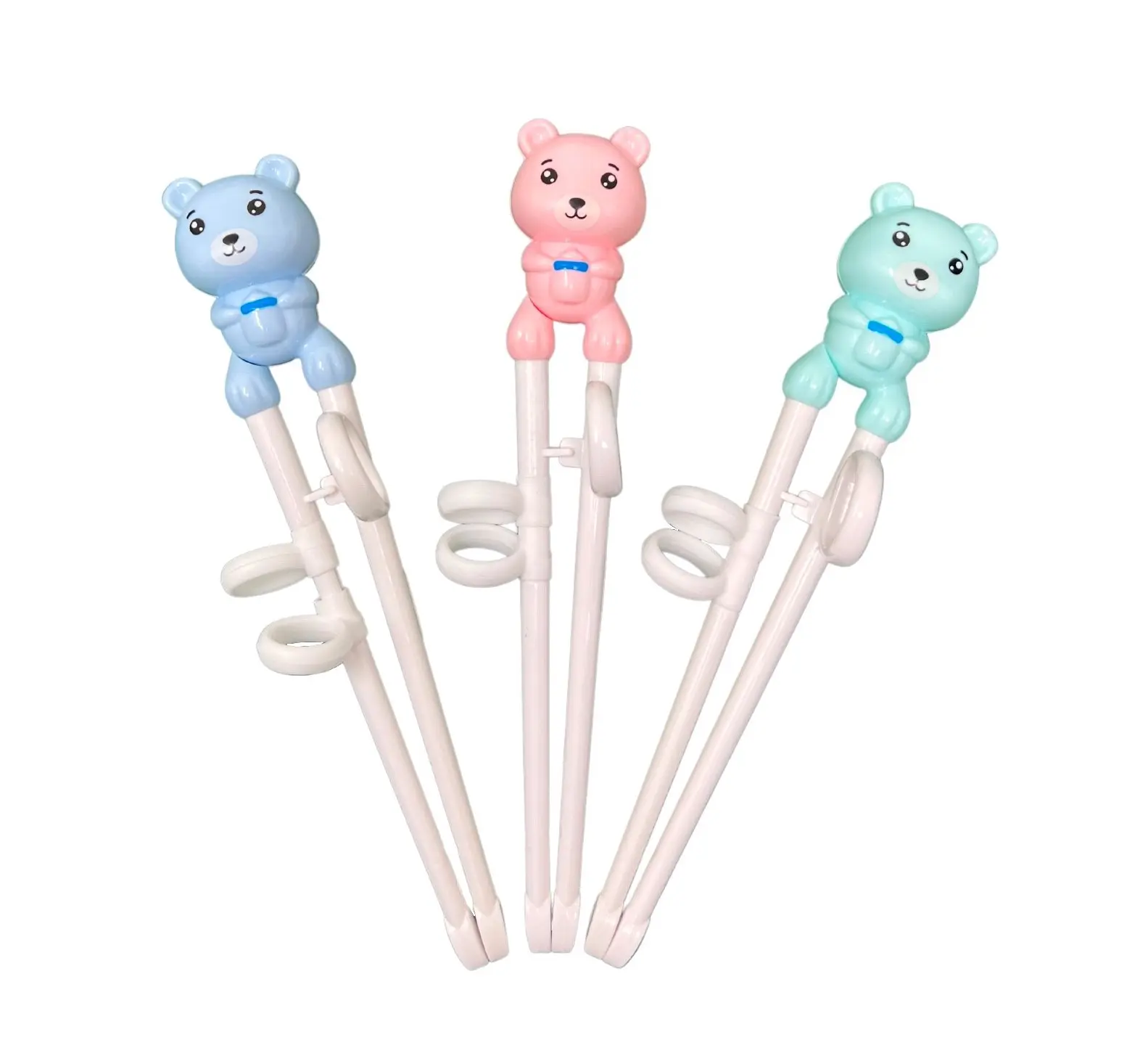 Pack of Bear Shaped Reusable Training Chopsticks for Beginners, Chopstick Learning Helper Utensils with Thumb Ring and Nonslip Silicone Rings - Blue, Pink, and Teal, Kids, Set, Cutlery, Tableware
