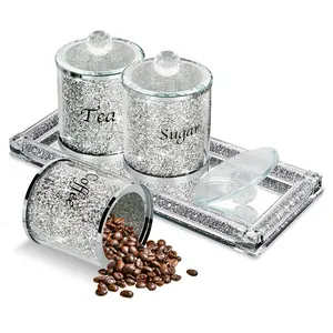 3 Pack Diamond Crystal Glass Salt and Pepper Shaker Set with Tray for Kitchen Dining Room Storage Pots