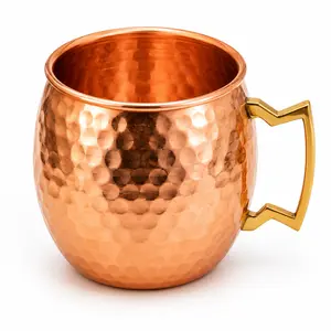 Modern Home Handmade 16oz Solid Copper Mule Mug – Barrel Shaped Mug with Brass Handle & Hammered Texture (Single)
