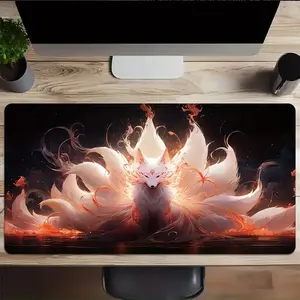 Extra Large Gaming Mouse Pad with White Fox Design, Rubber Material, Oblong Shape - Precision-Stitched Edges, Washable, Non-Slip Desk Mat for eSports and Computer Use, Non-Slip Computer Mousepad_ Extended Gaming Mouse Pad With Non-Slip Rubber Base