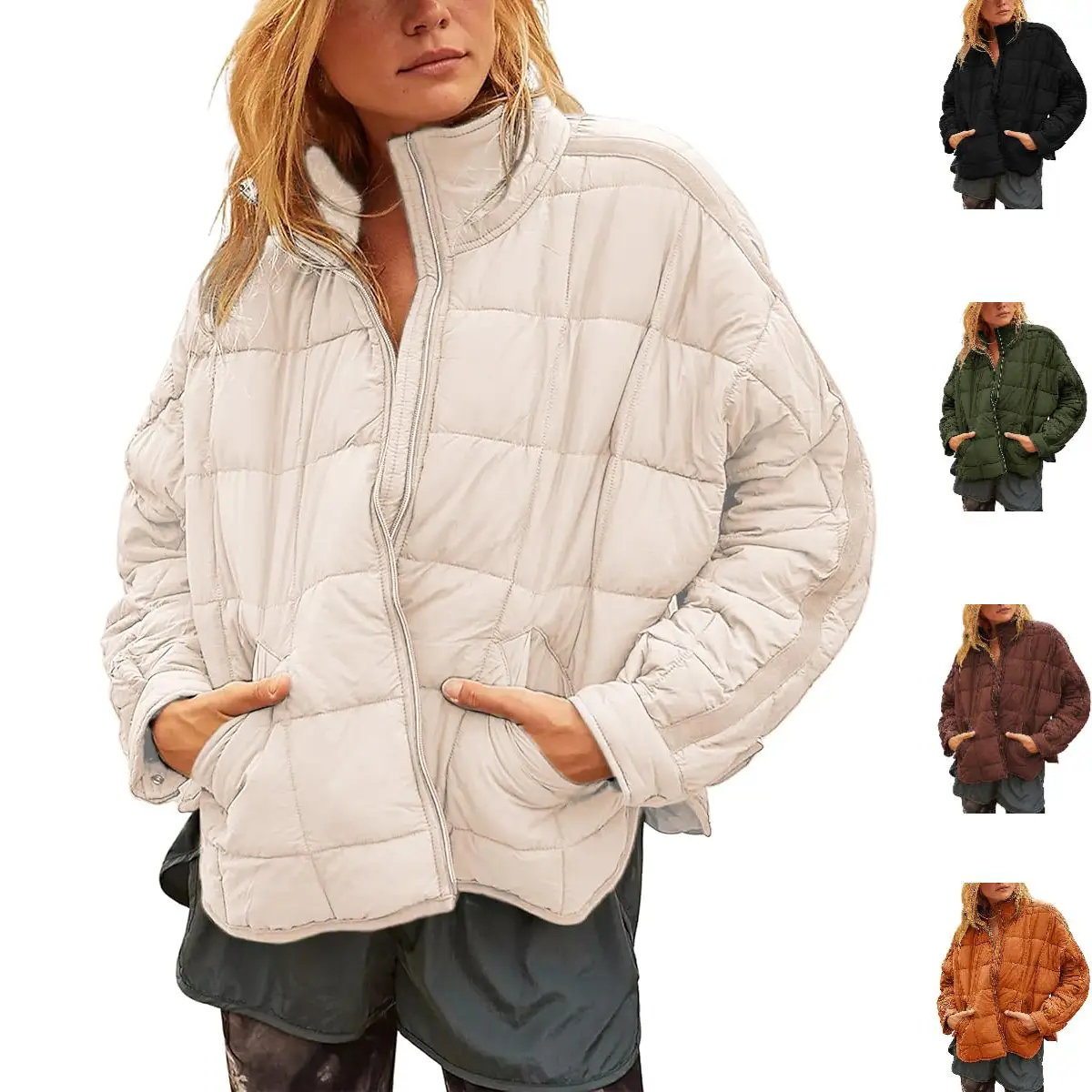 Tanming Women's Lightweight Quilted Puffer Jacket Long Sleeve Full Zip Casual Padded Coat with Side Pockets