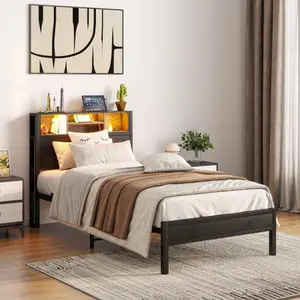 Twin Size Bed Frame with Storage Headboard, Metal Platform Bed with Charging Station, Bookcase Storage, No Box Spring Needed, Easy Assembly-W840P201065
