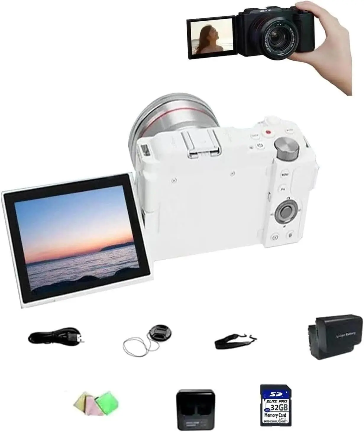 [MUOXUEQN] 64MP Digital Camera with 16x Optical Zoom,5K UHD Video,3.2" Vari-Angle Touchscreen,Night VisionReal Time Eye Auto Focus Compact Digital Camera,for Vlogging and Photography(White,32GB)