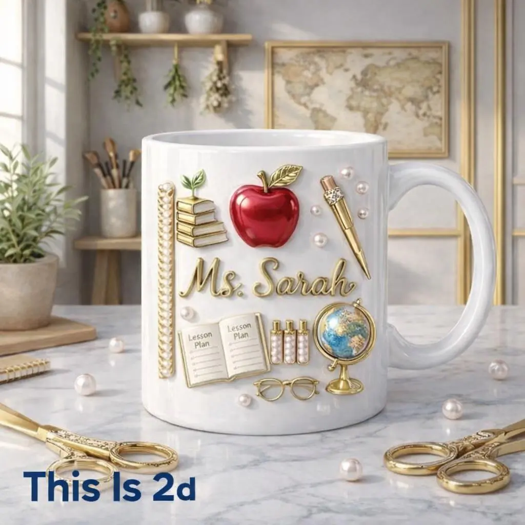 Personalized Teacher 3D Effect Coffee Mug with Name, 2D Printed 3D Effect Apple Teacher Mug, Cute School Theme Mug for Teachers and Educators, Classroom Desk Coffee Cup for Daily Use, Back to School, Christmas Gift Idea for Teacher