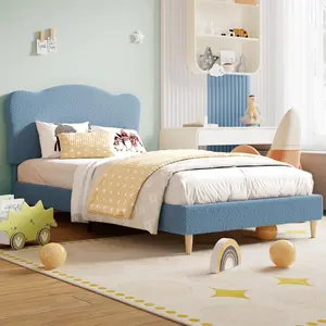 【GARVEE】Upholstered Twin Size Bed Frame with Scallop Headboard, Cute Velvet Twin Bed for Youth, Sturdy Platform Design, No Box Spring Needed, Wooden Slats, Noise Free, Blue
