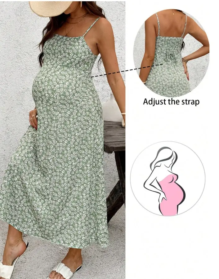 MAGICMOM Maternity Summer Sage Green Daisy Print Sundress,Boho Sleeveless Floral Dress For Pregnant Women,Holiday Casual Wrap Around Back Tie Adjustable Fit