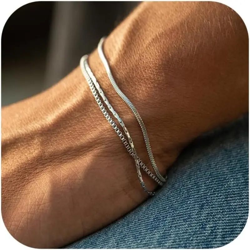 Men's 3-Piece Bracelet Set - Modern Stackable Non-Tarnish Stainless Steel Cuban Link, Snake & Box Chains with Cross Charm - Adjustable Silver Jewelry, Unique Guys Gifts, Modern Fashion Accessories, Stackable Bracelet, Bracelets