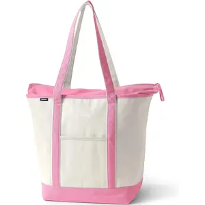 Lands' End Natural Long Handle Zip Top Canvas Tote - Fresh Pink Large, Durable 100% Cotton, Water-Repellent Base, 500 lbs Capacity, Internal & External Pockets